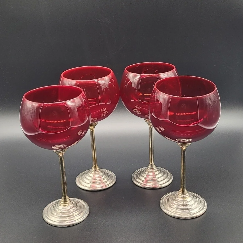 Ruby Red Glass Balloon Wine Glasses Silver Metal Stem Stepped Foot Set of 3 Vtg‍
